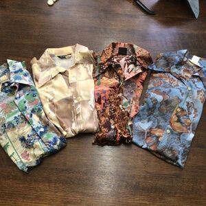 Lots of four big collar, nylon,  fun and funky men’s shirts size 15– 15 1/2  (m)